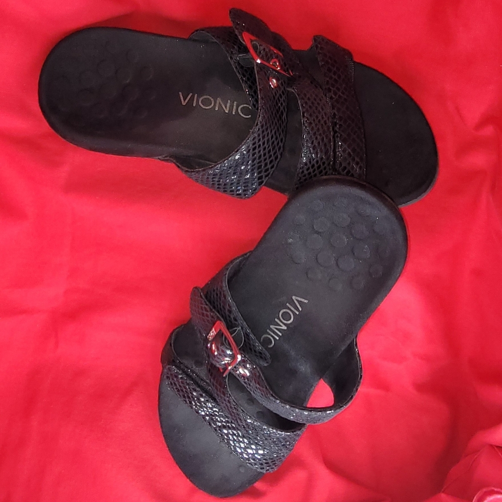 Vionic Black Faux Snakeskin Adjustable Strap Slid… - image 2